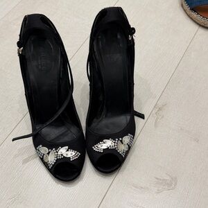 Gucci Black Embellished Peep-Toe Heels